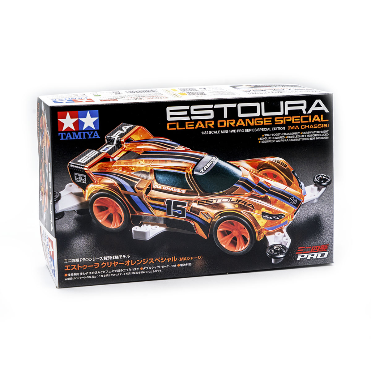 Mini 4WD Tamiya Estoura Clear Orange Special con telaio MA bianco e ruote fluo - Item 95691