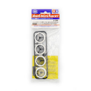 Bustina Tamiya 15414 contenente 4 gomme Arched (bombate) bianche e cerchi Carbon 3 razze per telaio Super X/XX