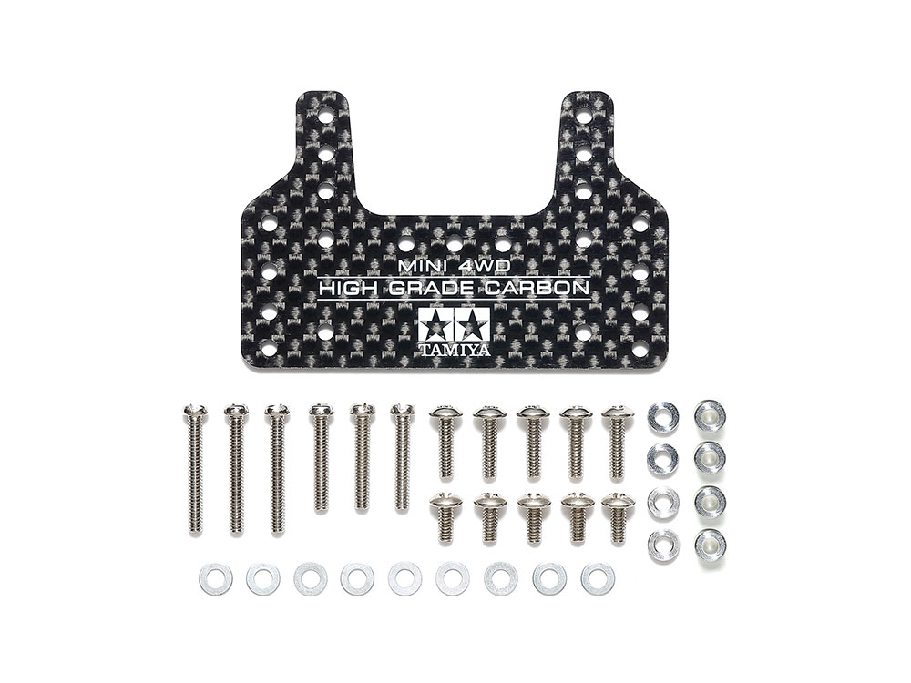 Carbon Brake Stay 1.5mm 15550 - vista componenti piastra carbonio viti collari alluminio rondelle incluse Mini 4WD